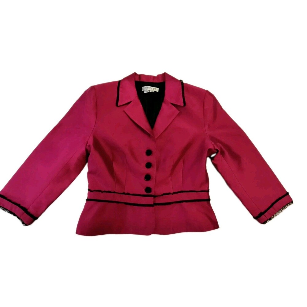 Kay Unger New York Hot Metallic Pink Blazer Black Lace Trim Size 10 3/4 Sleeve